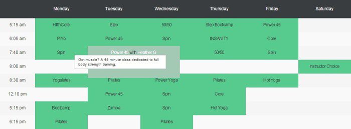 Interactive fitness class schedule
