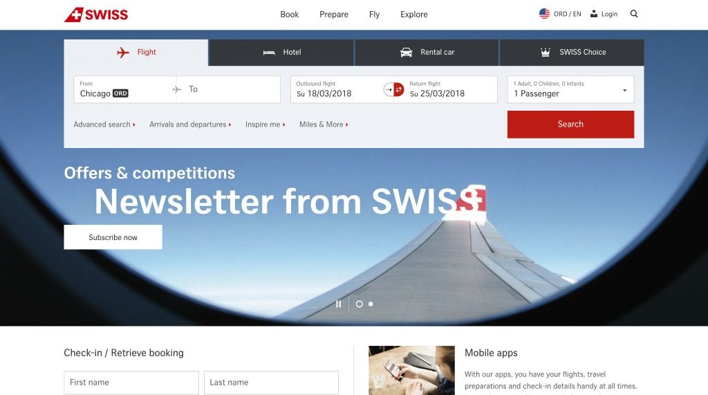 Swiss airlines website