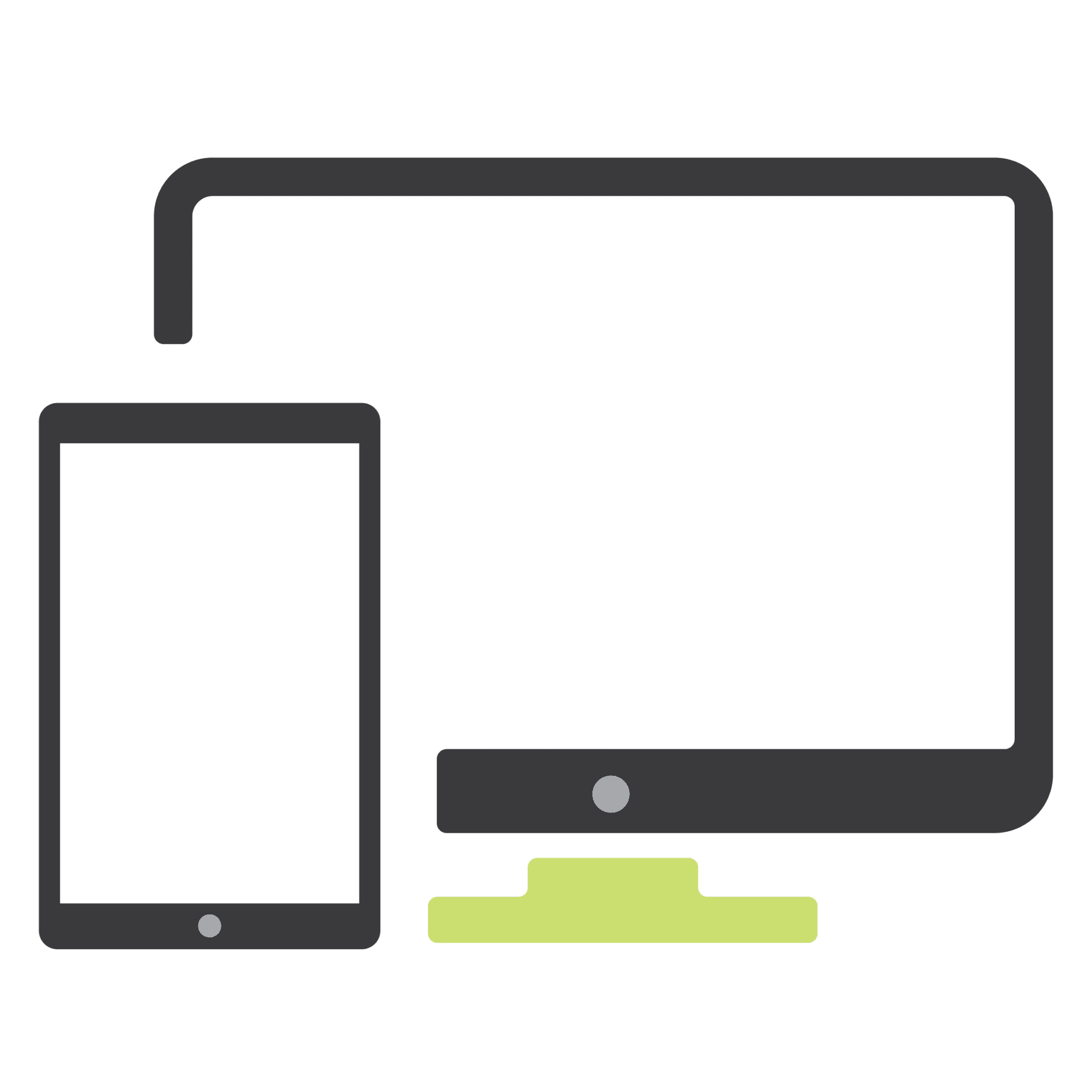 A minimalist illustration featuring a tablet and a desktop monitor, both depicted in a simple, stylized design with a yellow base under the monitor. The background is a solid green color.