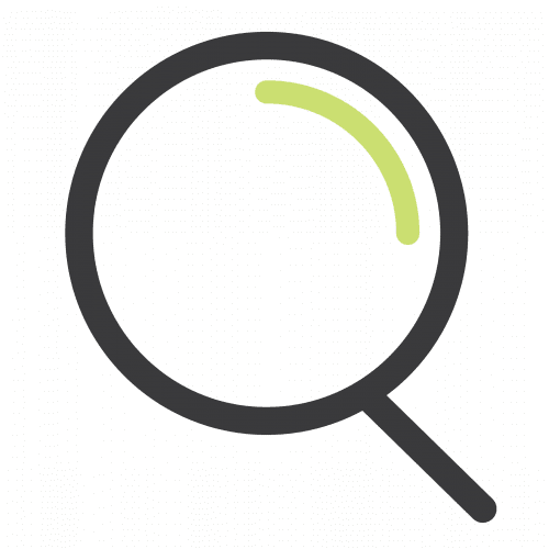 A simple icon of a magnifying glass with a black handle and frame. The circular lens has a light green reflection, set against a solid black background.
