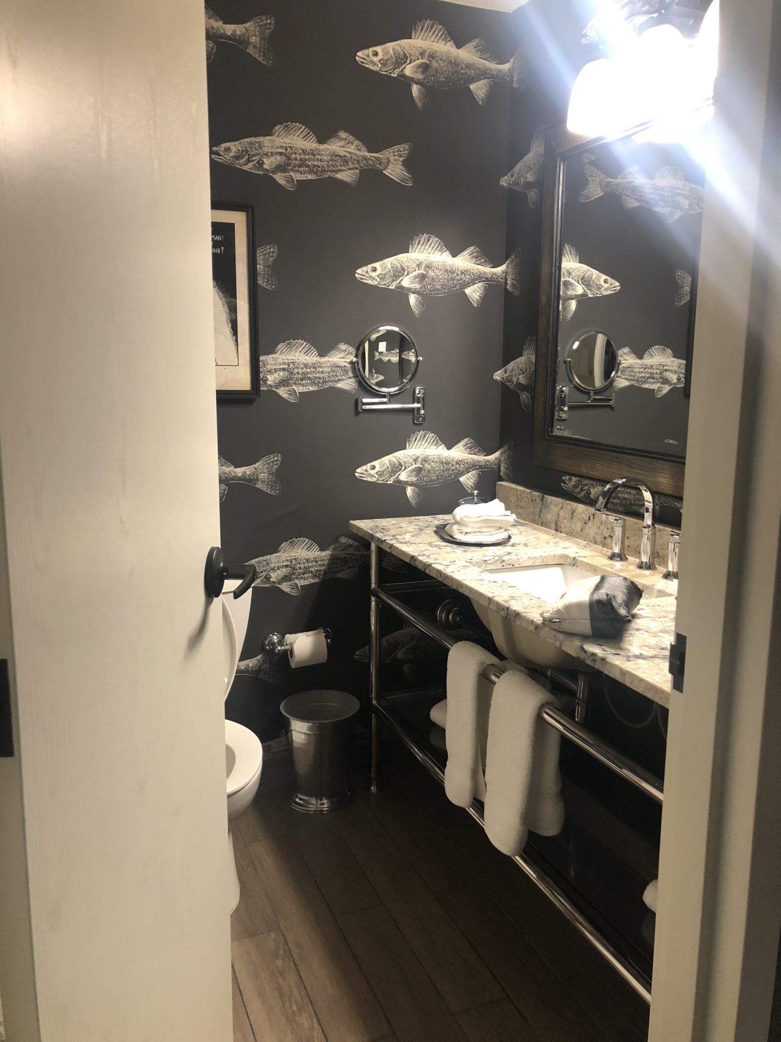 A bathroom with fish-patterned dark wallpaper, a white toilet, and a sink with a granite countertop provides an inviting space for a first-timer. Towels are neatly placed below the sink, and lighting fixtures above a large mirror illuminate the wooden floor that adds warmth to the setting.