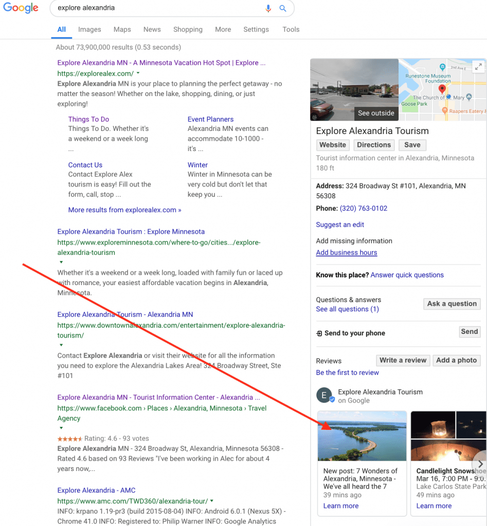 Google search results for "explore alexandria" showcase links and information about Alexandria, MN. The page includes website descriptions, a map, social media links, business posts from Google My Business, an events section, and a sidebar with related images and information.