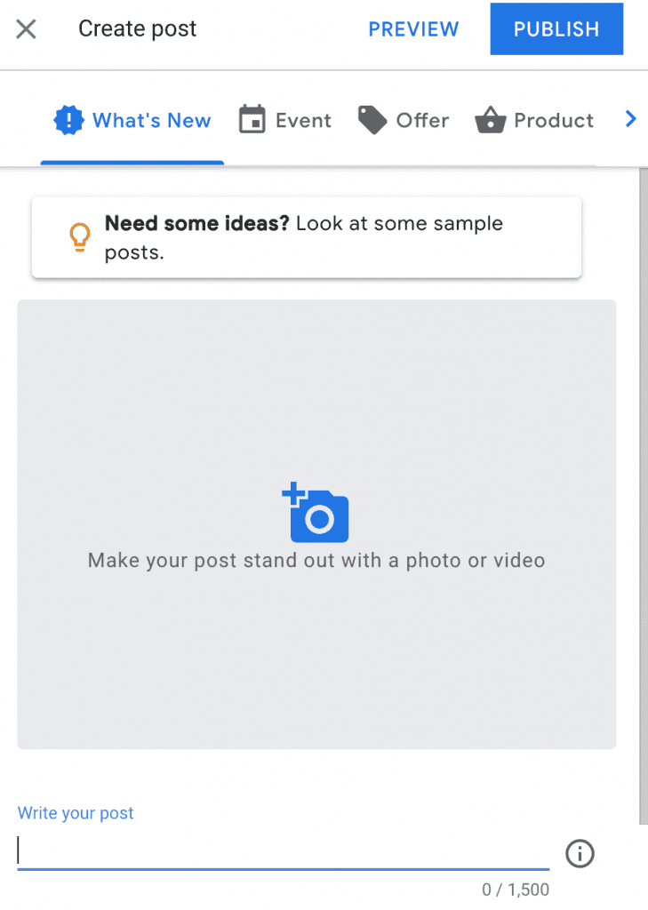 A computer screen displays a social media post creation interface with options for adding images or videos. A banner suggests looking at sample posts for inspiration, enhancing your strategy for Google My Business Posts.