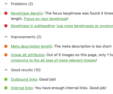 Screenshot of an analysis tool displaying content suggestions and scores. Highlighting two problem areas: focus keyphrase density and subheading use. Improvements are recommended in meta description length and image alt attributes. Ten good results are highlighted, serving as a guide for keyword mapping.