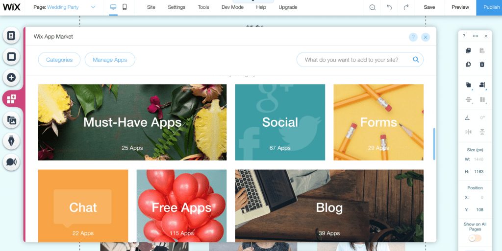 A screenshot of the Wix App Market interface reveals categories such as "Must-Have Apps," "Social," "Forms," and more, all enhanced with colorful image backgrounds. With options to search and manage apps at the top, this platform helps optimize your site with essential apps and SEO keywords.