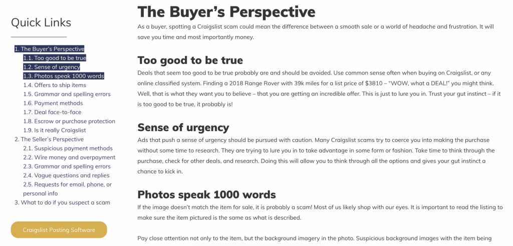 A screenshot of a 2020 webpage titled "The Buyer's Perspective" with a sidebar listing quick links like "Sense of urgency" and "Photos speak 1000 words." The design trends highlight identifying potential scams, complete with headings and detailed descriptions.