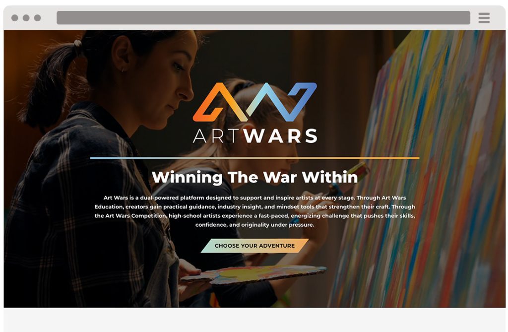 A young woman paints on a colorful canvas in an art studio. Overlay text reads 