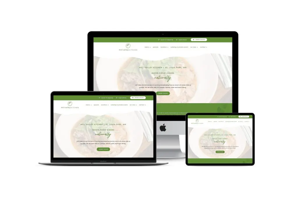 A responsive website design for Mill Valley Kitchen is displayed on a desktop monitor, laptop, and tablet. The screens have a green and white theme with text stating 