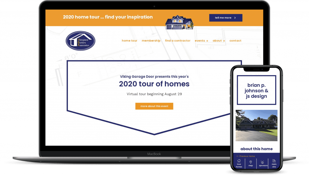 A laptop and smartphone showcase a real estate website for the Vikingland Builders Association. The site promotes the "2020 Tour of Homes" with a virtual tour starting August 29. Screens display navigation sections for membership, contractors, events, and contact info.