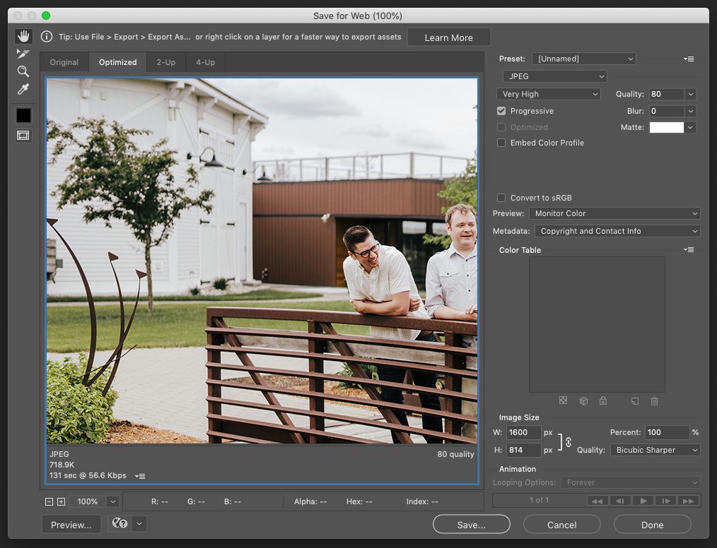 Photoshop Save for Web settings