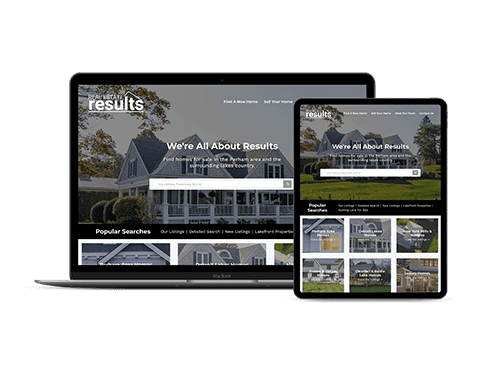 A smartphone, tablet, and laptop display a real estate website featuring houses and a navigation menu for finding homes. The screens show properties and search options with the slogan 