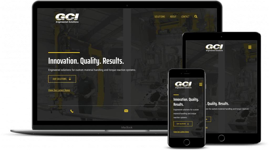 Responsive design showcase of GCI Engineered Solutions' website on a laptop, tablet, and smartphone. The site features a dark theme with "Innovation. Quality. Results." and options for solutions and contact.