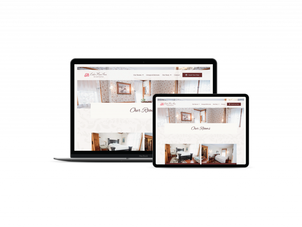 A laptop and a tablet display the Cedar Rose Inn's website, featuring images of a cozy room interior. Both screens show the same homepage design, highlighting the site's responsive layout across devices.