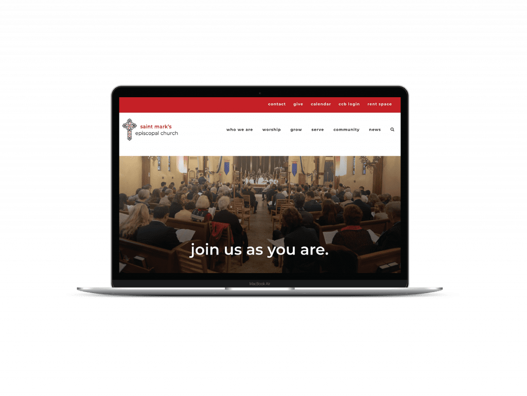 A laptop screen displays the St. Mark's Episcopal Church website with the welcoming message, 