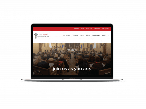A laptop screen displays the St. Mark's Episcopal Church website with the welcoming message, 