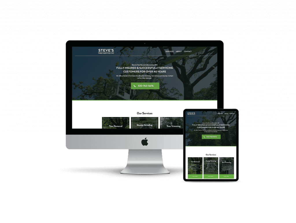 A desktop computer and tablet display Steve's Tree Service's green and white website, optimized with SEO keywords. It highlights services like tree removal and trimming alongside a contact number, set against a scenic tree background, much like the precision of Hagstrom Engineering projects.
