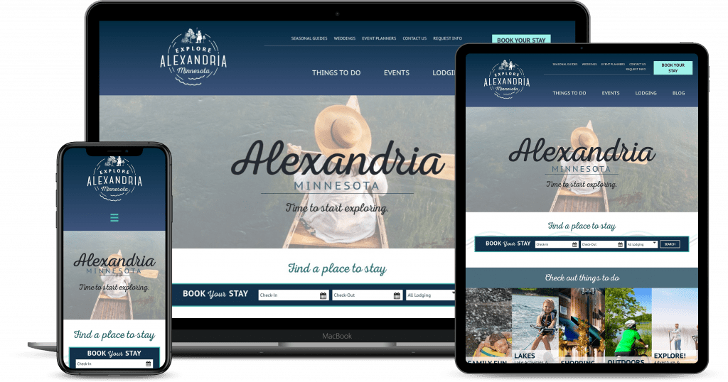 Displayed on a laptop, tablet, and smartphone, the website invites you to explore Alexandria, Minnesota. It features a scenic image underscoring its vibrant tourism potential with options for booking a stay and discovering local attractions.