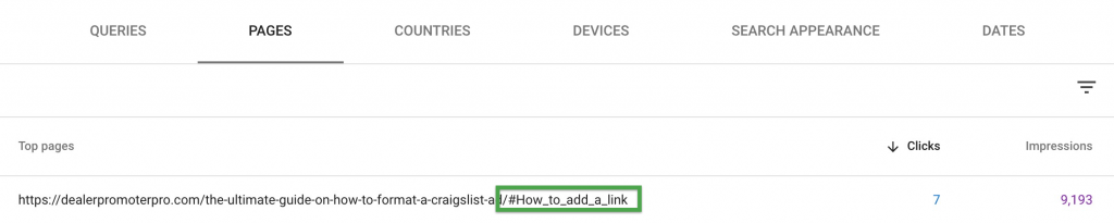 Bookmark link from table of contents in Google Search Console