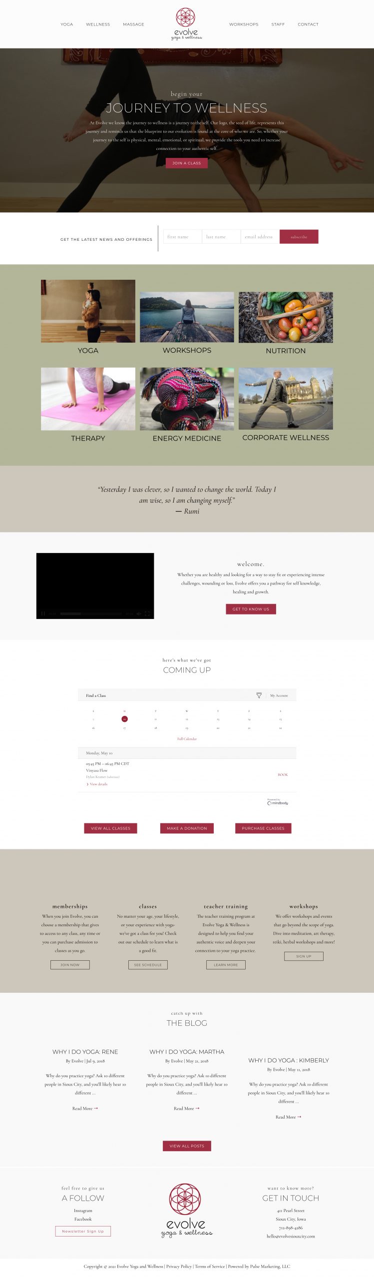 Screenshot of a wellness website for Sioux City, highlighting yoga, therapy, workshops, nutrition, and energy medicine. Features testimonials, upcoming events, and contact info. The calming color palette complements the minimalist design to enhance its compassionate wellness theme.