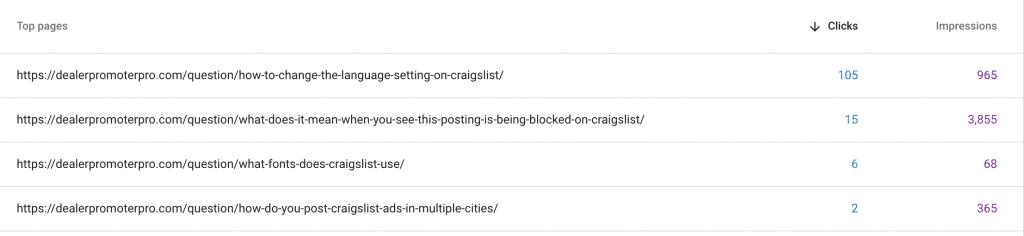 Screen shot of Google Search Console question queries