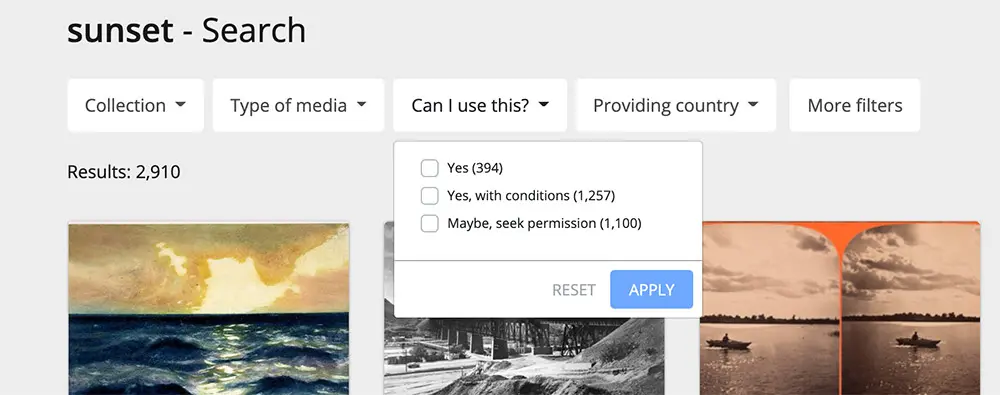 Europeana search filters screenshot