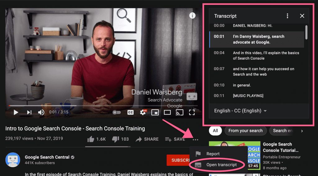 This is where to view your YouTube video transcripts
