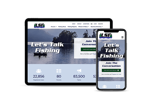 Lake State Fishing website displayed on a tablet and a smartphone