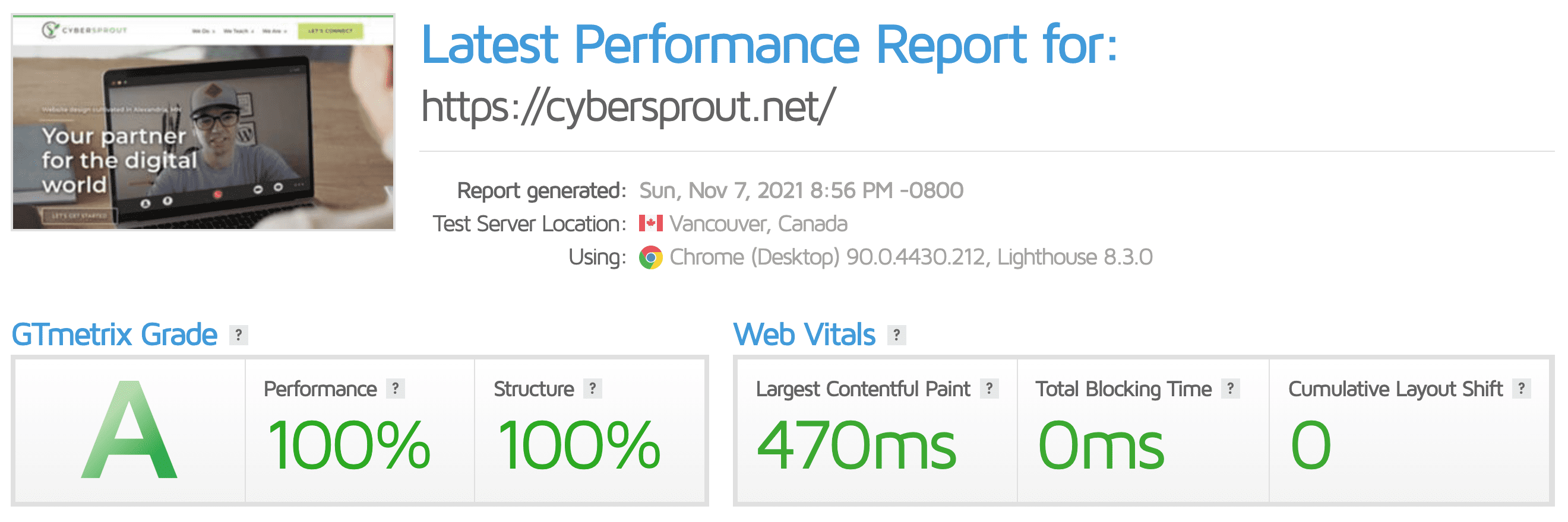 Example of a website speed test