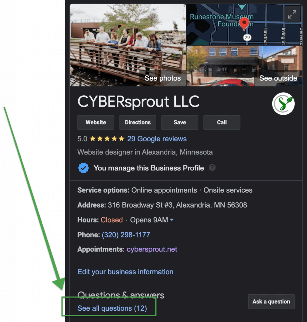 Screenshot of a Google Business listing for CYBERsprout LLC, featuring details essential for local SEO for real estate: star rating, address, phone number, and website link. The listing displays business hours and a map location. A green arrow highlights the "See all questions" link.