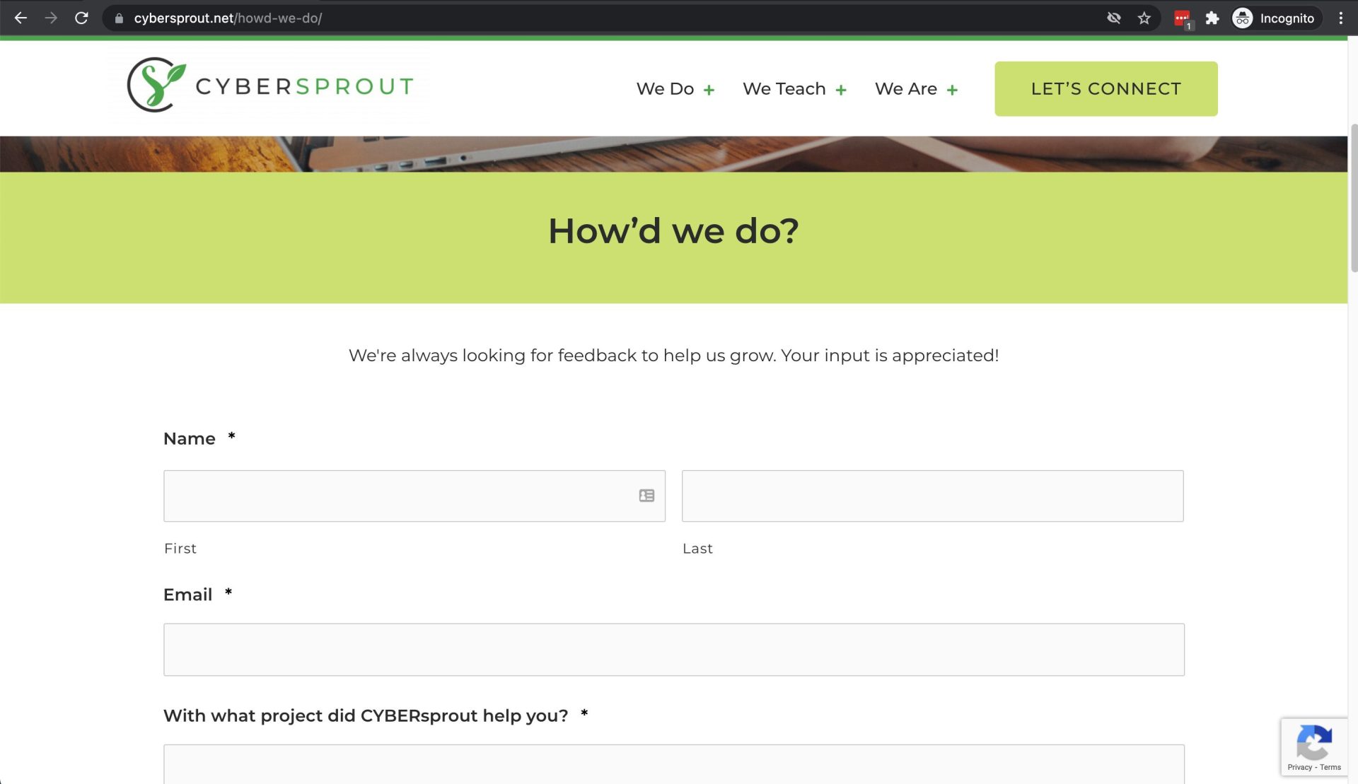 screenshot of an online form used to collect testimonials from CYBERsprout clients on the website