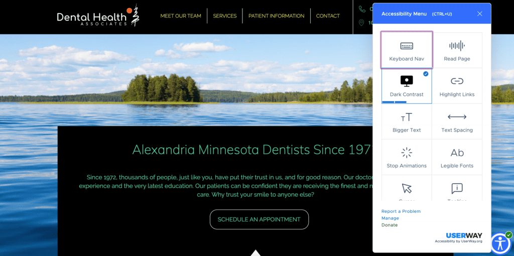 A website screenshot for Dental Health Associates highlights their modern design trends. The header displays options like "Meet Our Team," "Services," and "Contact." The main text boasts, "Alexandria Minnesota Dentists Since 1972" with a convenient button labeled "Schedule an Appointment.