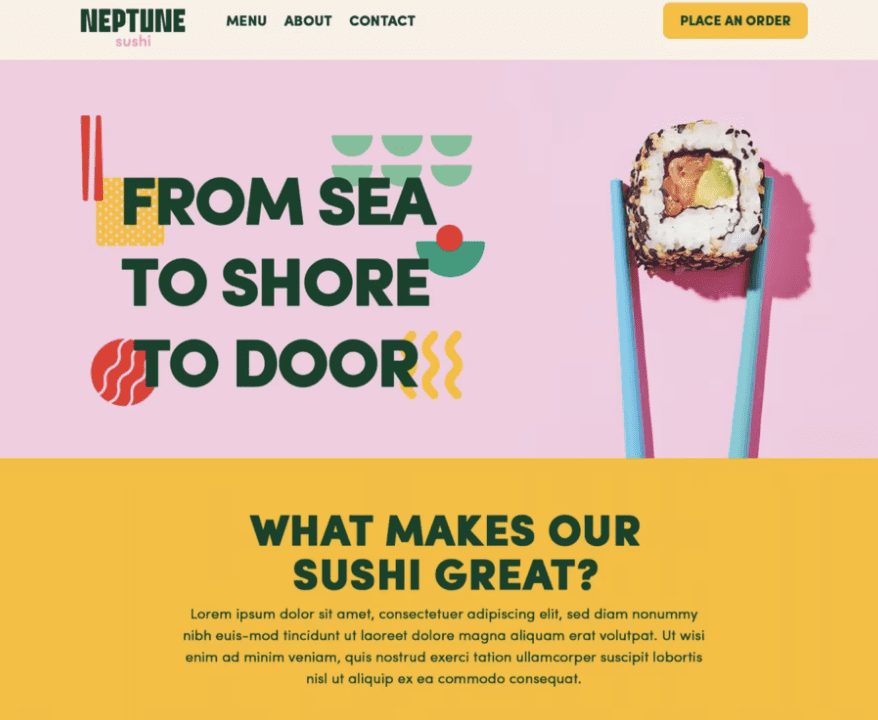 Expect to see the enticing webpage of "Neptune Sushi," where design trends meet culinary artistry. Featuring sections like Menu, About, and Contact, and highlighted by the slogan "From Sea to Shore to Door" beside sushi held by chopsticks, our quality remains unparalleled.