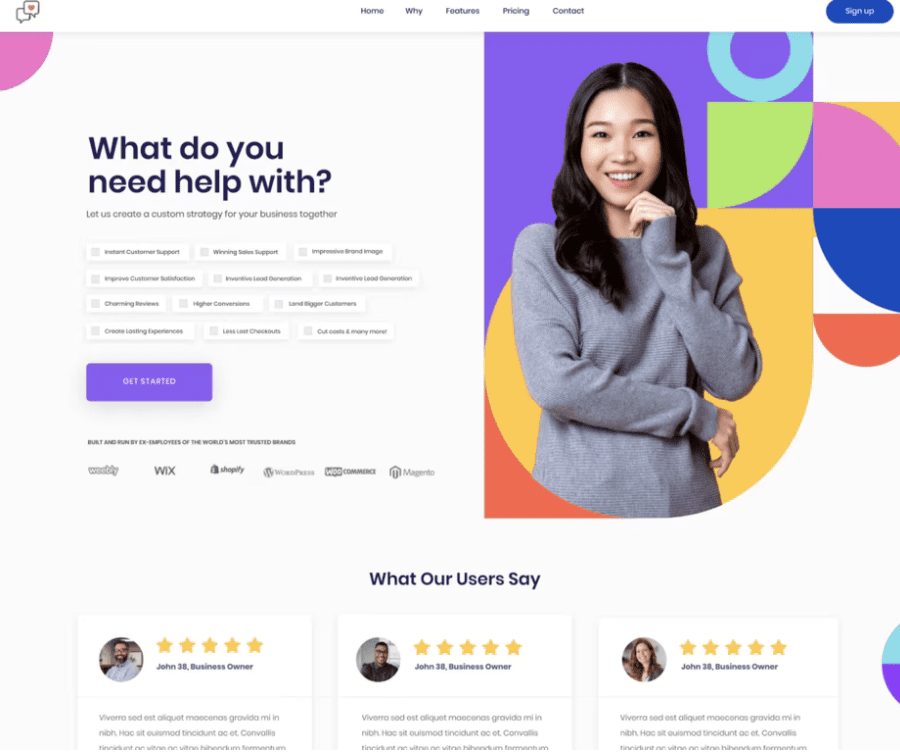 A business consultation website interface showcases a smiling woman in a gray sweater. Adorned with 2022 design trends, the page features a headline, SEO-focused call-to-action button, and logos of partner companies. User testimonials appear below with placeholder text and images.