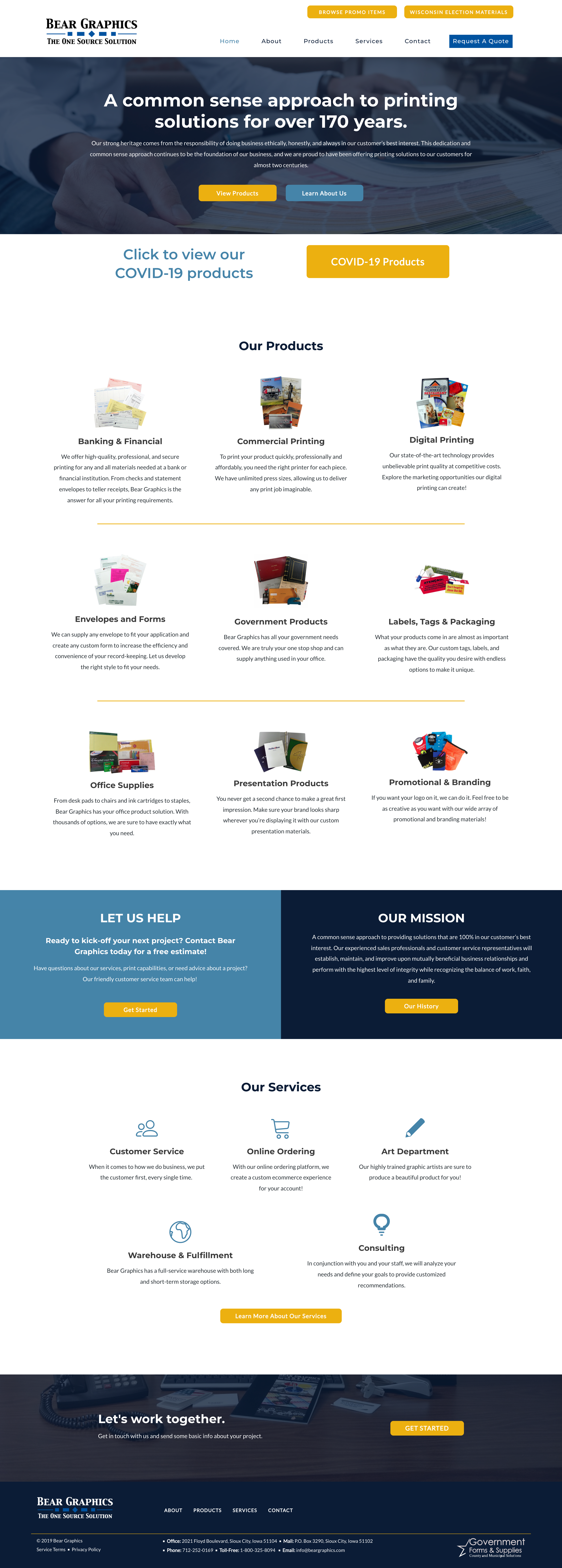 Discover our informative webpage for a Sioux City printing company, showcasing service categories like ballots, journals, and promotional products. It highlights COVID-19 products, company mission, and services, with a "Let's Work Together" section and contact information elegantly woven into the website design.