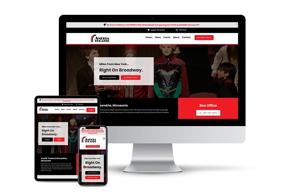 Andria Theatre website on a desktop computer, tablet, and smartphone