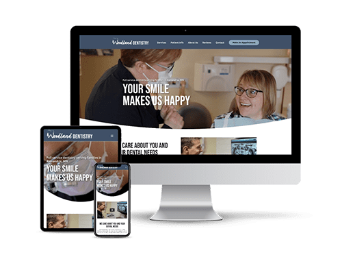 Woodland Dentistry on a monitor, tablet, and phone