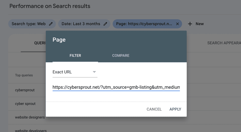 A screenshot of a "Performance on Search results" page in Google Search Console shows a popup window. The window displays a URL filter input field with the exact URL "https://cybersprout.net/?utm_source=gmb-listing&utm_medium". Options to cancel or apply are visible, ideal for those looking to improve SEO.