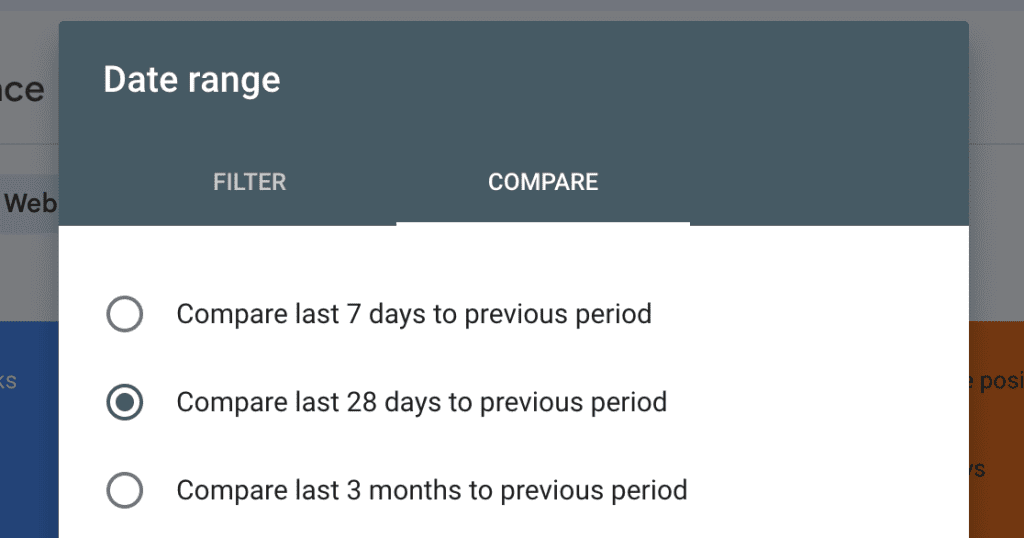 Screenshot of a date range comparison menu with options to compare weeks or months, ideal for those using Google Search Console to improve SEO. The selected option is "Compare last 28 days to previous period.