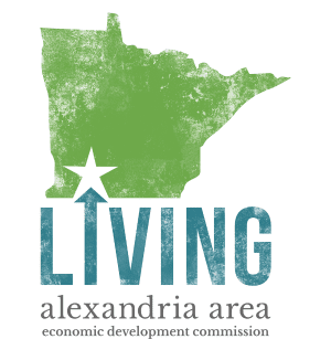 A green outline of Minnesota features a star marking a location. Below, "LIVING" is in blue, with "alexandria area economic development commission" in grey. Essential tools like Google Search Console can drive marketing success for this vibrant region.