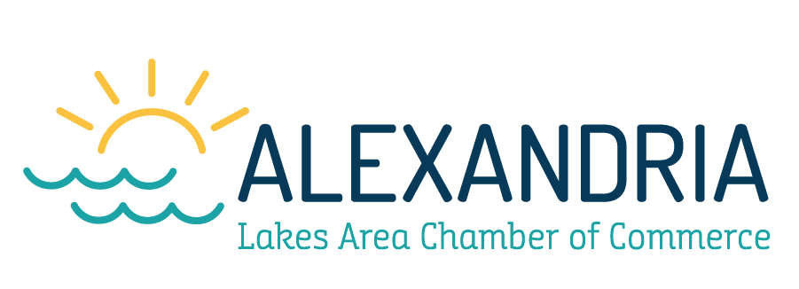 The logo of the Alexandria Lakes Area Chamber of Commerce showcases a stylized sun rising over waves, emblematic of a new dawn in marketing success. Beside it, the text "Alexandria Lakes Area Chamber of Commerce" stands proudly.