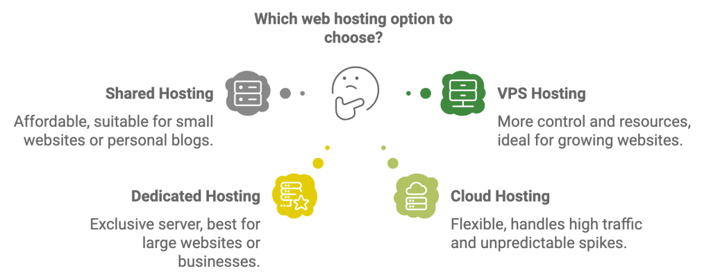 infographic that outlines the website hosting options; shared hosting, VPS hosting, dedicated hosting, and cloud hosting