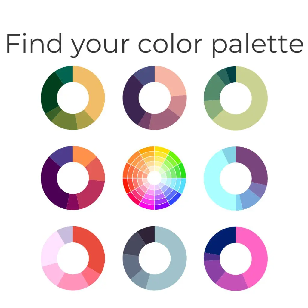 An image with the text "Find your color palette" displayed above a grid of nine color wheel diagrams, each showcasing diverse color combinations ideal for building a brand. A central circle displays a full spectrum color wheel.