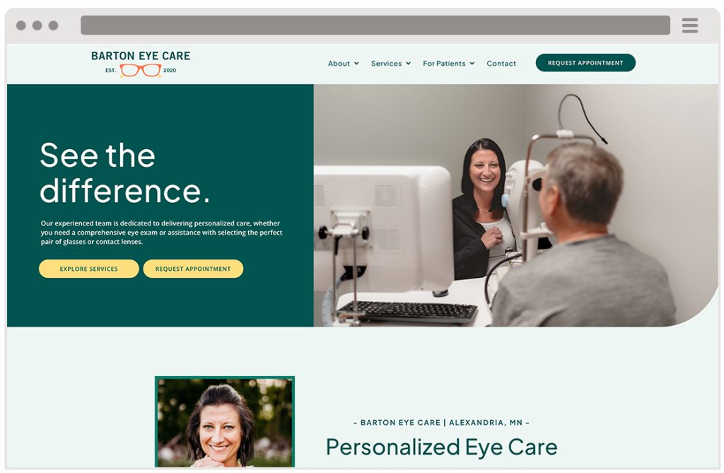A woman optometrist at Barton Eye Care smiles at an older male patient during an eye exam in a modern clinic. The website header features 