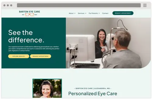 A woman optometrist at Barton Eye Care smiles at an older male patient during an eye exam in a modern clinic. The website header features 