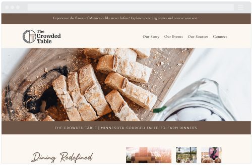 The Crowded Table's webpage artfully showcases slices of bread on a wooden board with a knife. The top menu offers Our Story, Our Events, and Our Sources. Emphasizing its mission, the tagline resonates: 