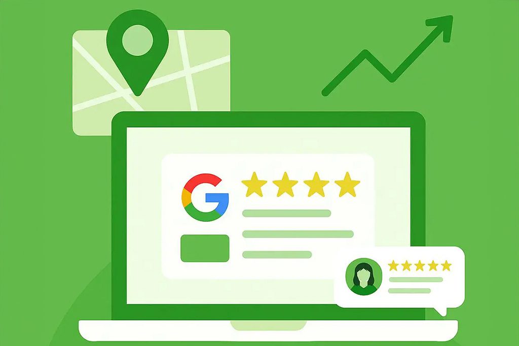 Illustration of a laptop displaying a Google review with five stars. A map pin and an upward trending arrow appear in the background, symbolizing positive online reviews, business growth, and standout posts.