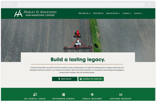 The homepage of Hurley & Associates showcases an aerial view of a tractor plowing a field. Overlaid with the text 