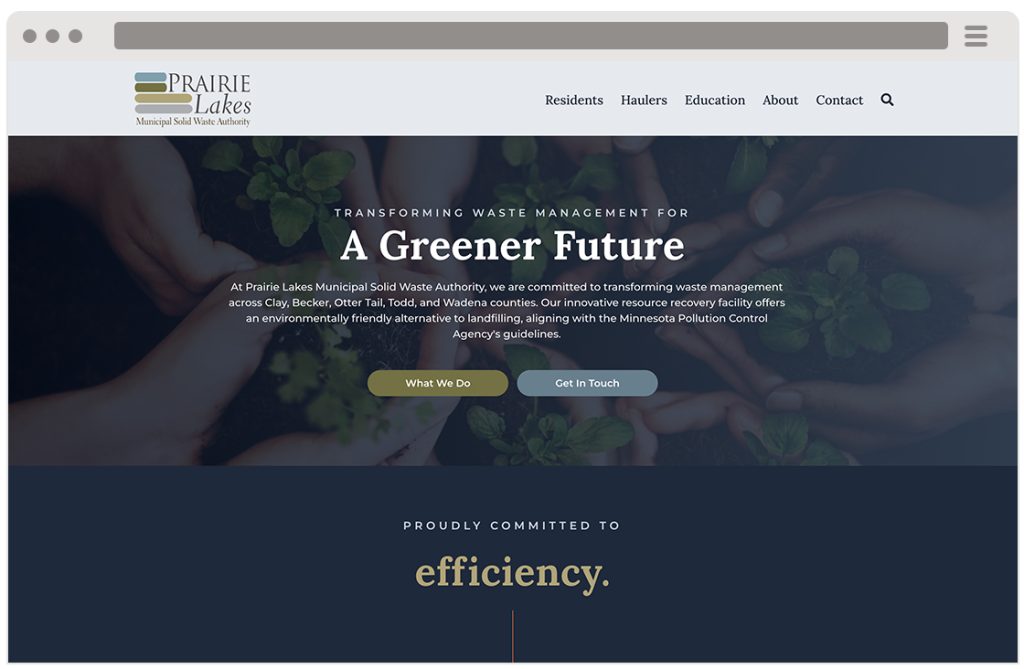 Website homepage for Prairie Lakes Waste Authority, featuring hands holding seedlings, with text about municipal solid waste management for a greener future and a “Get in Touch” button.