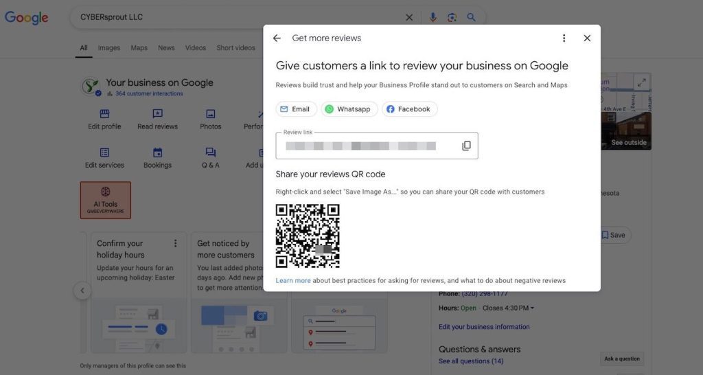 Screenshot of a Google business review pop-up designed to help get Google reviews for local SEO. It offers options for customers to review via email, WhatsApp, and Facebook. Includes a QR code for sharing a review link. In the background is a Google business profile page.
