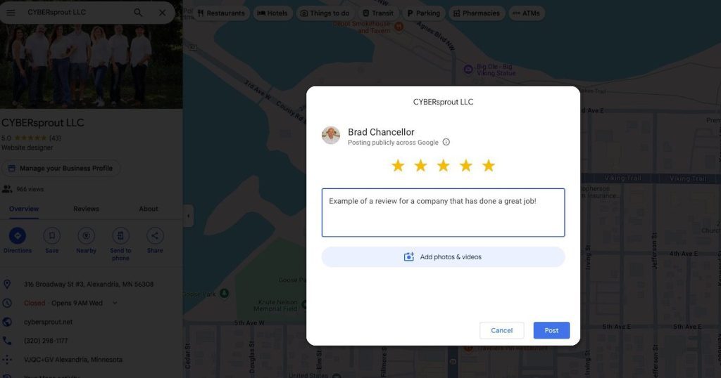 A Google Maps interface displays a review popup for CYBERsprout LLC with a five-star rating. Reviewer "Brad Chancellor" praises the company, saying, "Example of a review for a company that has done a great job!" This is how to get Google reviews for local SEO success.